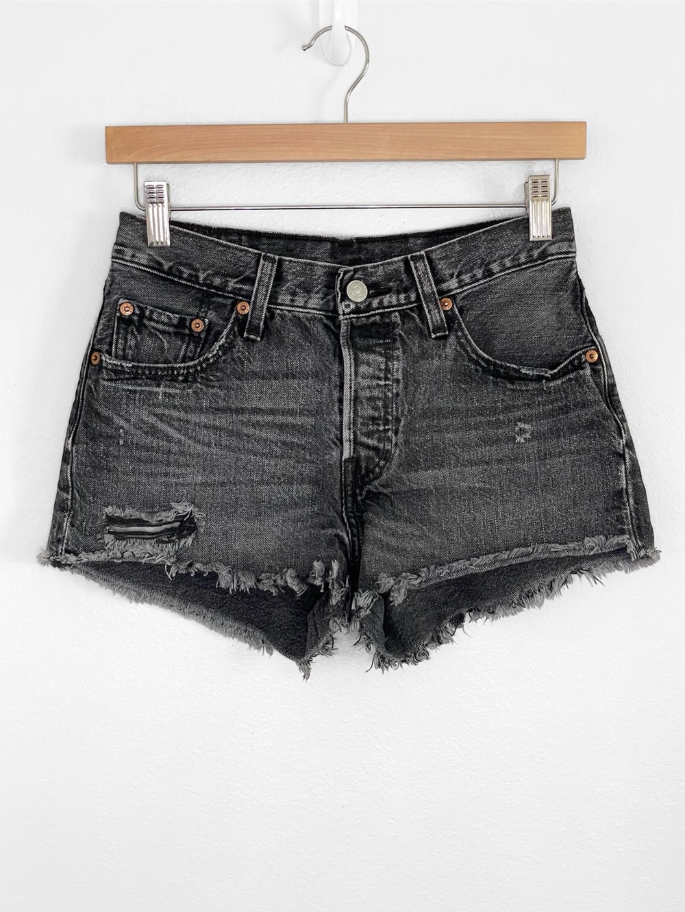 Levi’s 501 Shorts Distressed Denim Cut Off Button Fly Slashed Black 25